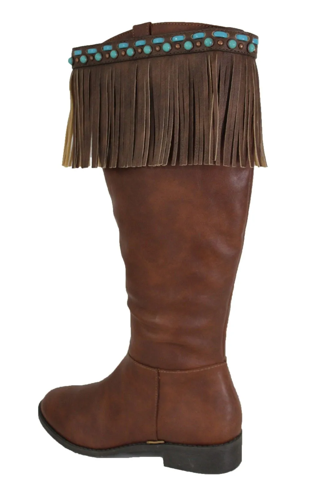 Black Brown Leather Long Fringes Turquoise Blue Beads Western Pair Boots Toppers