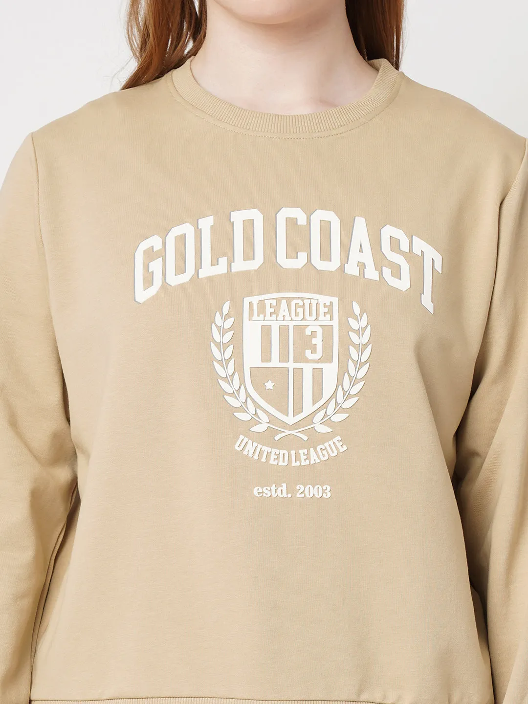 Women Printed Slim Fit BEIGE Sweatshirts